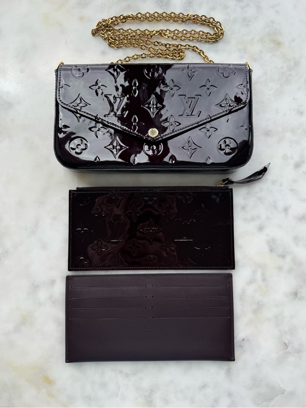 Louis Vuitton Felicie Pochette Amarante Monogram Vernis Crossbody Bag